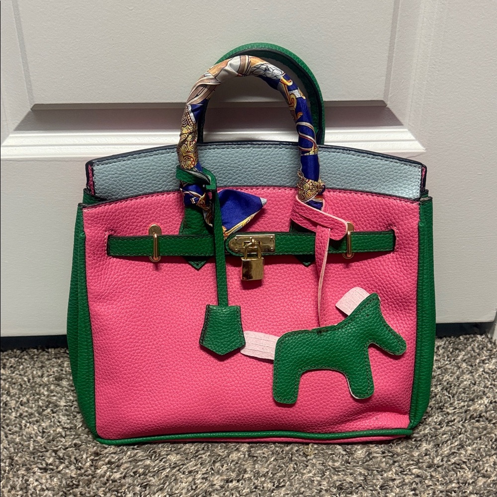 Chic Pink and Green Satchel with Scarf Accent